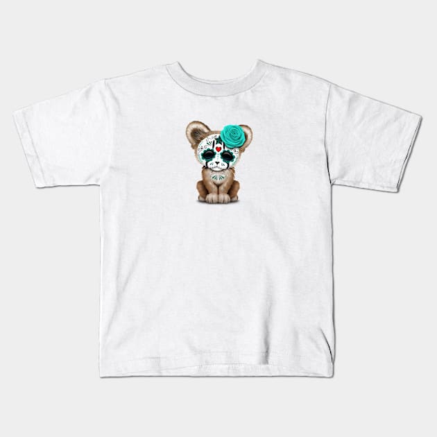 Blue Day of the Dead Sugar Skull Cougar Cub Kids T-Shirt by jeffbartels